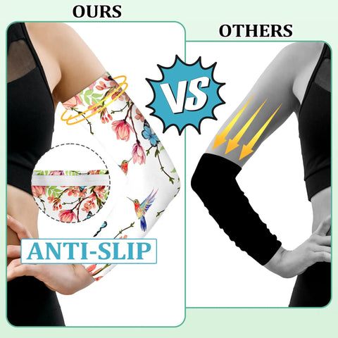Hummingbird Pattern Gardening Arm Sleeves Keeps You Cool With Thumb Hole For Men And Women, Lightweight Breathable Polyester, Sun Protection, 19 Inch Length, Non Slip Ring, One Size, White