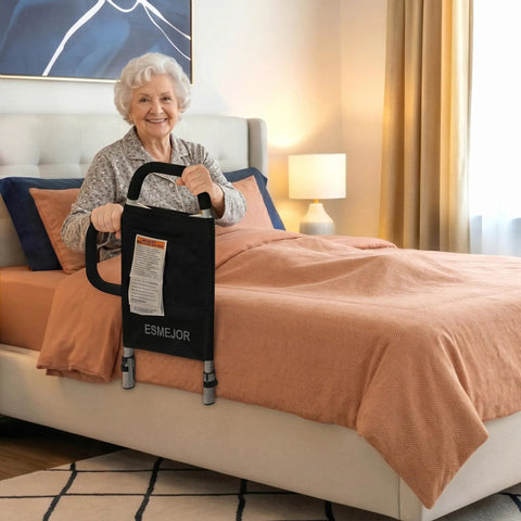 Senior using Dual Handle Bed Rail with Padded Grips and Storage Pocket, fits twin to king beds, black