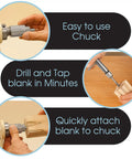 DIY Bottle Turning Kit With Five Classic Chrome Stoppers using chuck, drill bit, and tap for wood, acrylic, resin turning.