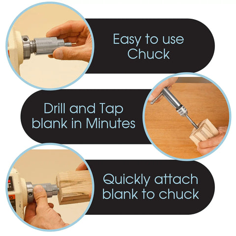 DIY Bottle Turning Kit With Five Classic Chrome Stoppers using chuck, drill bit, and tap for wood, acrylic, resin turning.