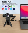 Top Shelf 1080P HD Webcam With Snappy Internal Audio Mic And Sturdy Swivel Stand, Ultra Clear Wide Angle Lens With Privacy Shutter, Straight Out The Box Ready For Streamers, Gamers, And Side Hustlers, Matte Black Edition on a desk with laptop.