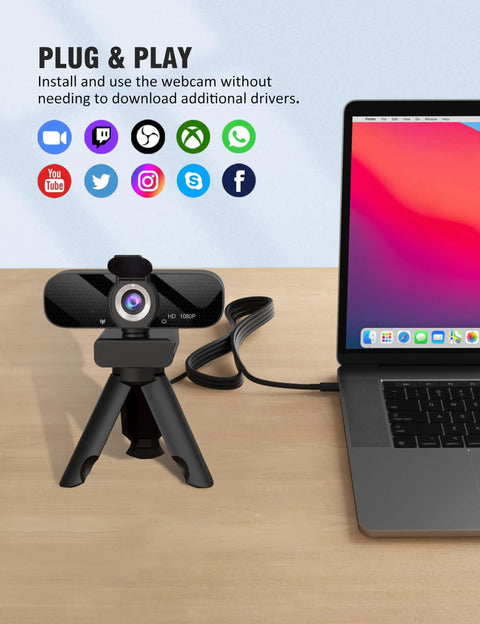 Top Shelf 1080P HD Webcam With Snappy Internal Audio Mic And Sturdy Swivel Stand, Ultra Clear Wide Angle Lens With Privacy Shutter, Straight Out The Box Ready For Streamers, Gamers, And Side Hustlers, Matte Black Edition on a desk with laptop.
