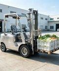 Heavy Duty Electric Forklift For Warehouse Logistics And Dock Loading Featuring Ride On Setup and No Sweat Pallet Handling For Top Shelf Inventory Hustle transporting vegetables on a pallet.