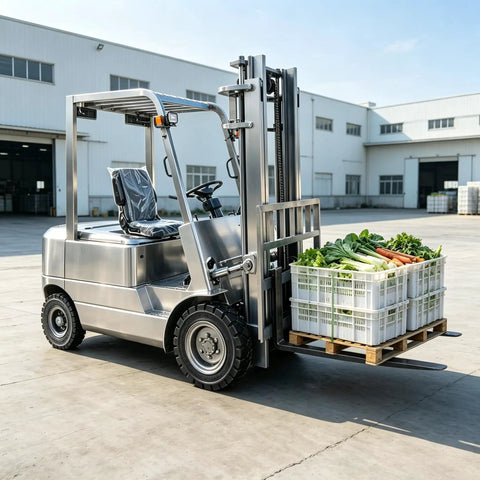 Heavy Duty Electric Forklift For Warehouse Logistics And Dock Loading Featuring Ride On Setup and No Sweat Pallet Handling For Top Shelf Inventory Hustle transporting vegetables on a pallet.