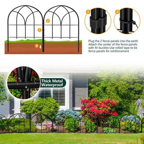 No Dig Garden Fence Barrier Set, 19 Piece Arch Metal Fence Panels In Black, installed as decorative yard edging