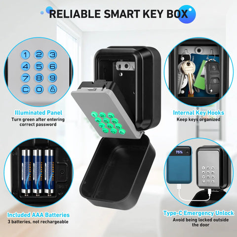 Rock Solid Smart Key Lock Box With Bluetooth Access And Hassle Free Pin Entry Built Tough For Wall Mounting, featuring illuminated panel and internal key hooks.