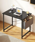 Space Saving Computer Desk For Small Spaces 31 Inch Home Office Table For Gaming And Study With Large Surface And Sturdy Steel Frame Includes Storage Bag For Bedroom Black, featuring a black desk with attached storage bag.