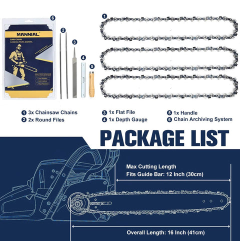 Heavy Duty 12 Inch Chainsaw Chain Kit 3 Pack With Sharpening Kit For Dewalt DCCS620B DCCS620P1 DWO1DT612 Low Kickback Replacement Chain 3/8 LP Pitch.043 Gauge 45 Drive Links Fits E GO CS1201, shown with package contents and usage diagram.