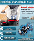 Heavy Duty Electric Stretch Wrap Dispenser Packing Station for Super Fast And Zero Sweat Box Wrapping With 220V Wall Setup and Rock Solid Semi Automatic 30 Rpm Motor Assembly in use with precision turntable.