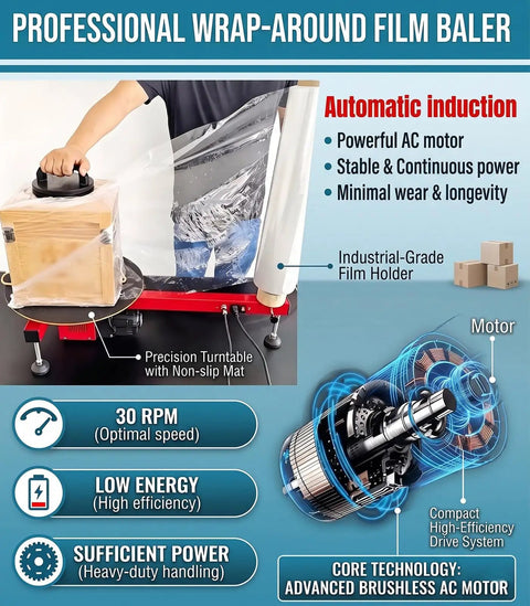 Heavy Duty Electric Stretch Wrap Dispenser Packing Station for Super Fast And Zero Sweat Box Wrapping With 220V Wall Setup and Rock Solid Semi Automatic 30 Rpm Motor Assembly in use with precision turntable.