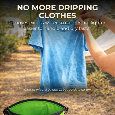 Manual Clothes Wringer For Camping And Travel Ultra Light Hand Wash Spinner removes excess water from blue shirt outdoors.