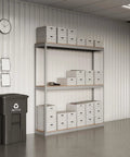 Badass Heavy Duty Boltless Shelving Unit In Gray With A Dang Tough Cold Rolled Steel Frame And Legit 1000 Lb Capacity Per Shelf On 3 Adjustable Tier Particle Board Decks For Garage Home Projects with storage boxes and recycle bin.