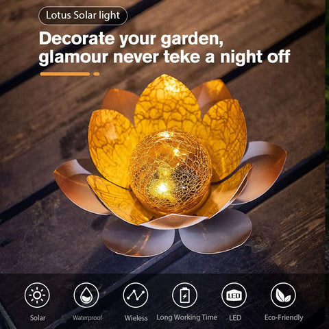 Outdoor Garden Solar Lights 2 Pack Amber Crackle Globe Lotus Decorations Waterproof Orange Metal LED Flower Lights glowing on tabletop
