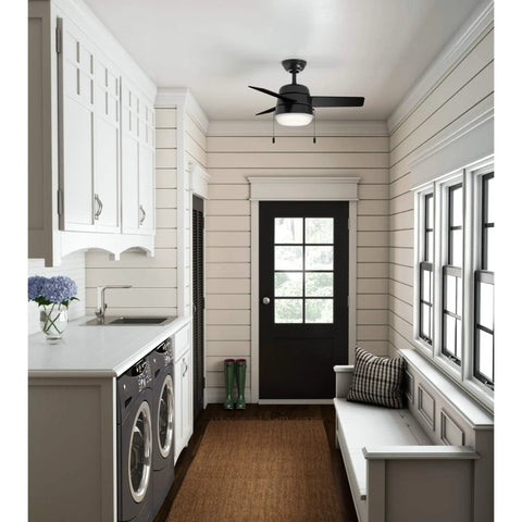 36 Inch Indoor Ceiling Fan With LED Light And Pull Chain, Quiet 3-Blade Modern Fan in laundry room, Matte Black Finish.