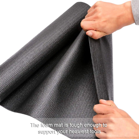 Hands holding non slip grippy tool box and drawer liner with textured grip for scratch and impact protection, foam mat, 16in x 6ft.