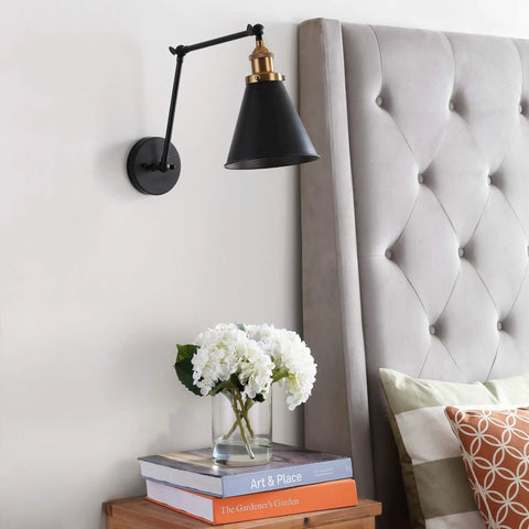 Industrial Metal Adjustable Arm LED Wall Sconce 7 Inch Black and Brass Gold for Bedside Reading Farmhouse Swing Arm Lamp