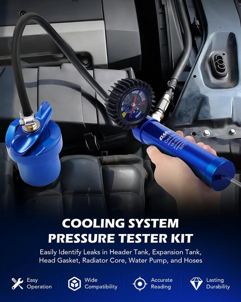 Orion Motor Tech 7pc coolant pressure tester kit, blue aluminum pump with 0-30 psi gauge and radiator adapters