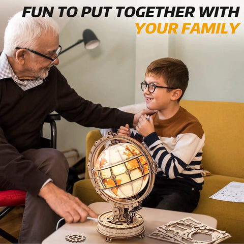 LED Illuminated 3D Wooden Globe Puzzle For Adults With Stand Build Your Own Night Light World Globe Kit 180 Pre-Cut Pieces Educational Decor Gift For Birthday Or Anniversary, man and boy assembling globe