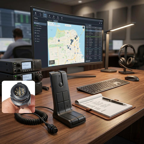 Solid Desktop Mic Replacement For RMN5050 And MOTOTRBO Base Stations on dispatch desk near radio equipment and monitor