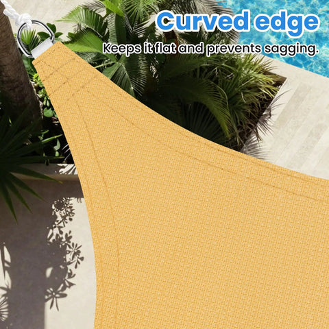 Triangle Sun Shade Sail 12 Foot By 12 Foot By 12 Foot Outdoor Patio Garden Deck Yard Canopy With Ropes Breathable Shade Blocks 95 Percent UV Rays Tear Resistant Fade Resistant Sand installed over patio.