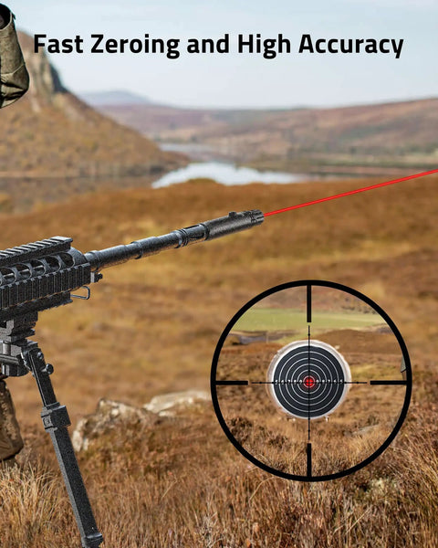 Pro Grade Red Laser Bore Sight Kit With 16 Caliber Adapters in use with rifle, targeting distant bullseye for fast zeroing