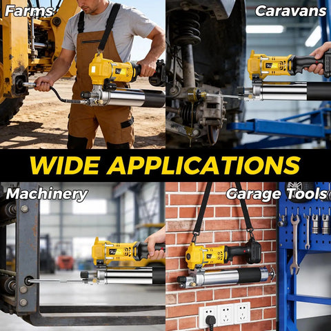 12800 PSI Cordless Grease Gun Workhorse With 39.4 Inch Hose One Hand Operation LED Light Three Couplers Tool Only Battery Not Included Compatible With 20V Batteries For Bulk And Cartridge Grease used in various applications like farms, caravans, machinery, and garage tools