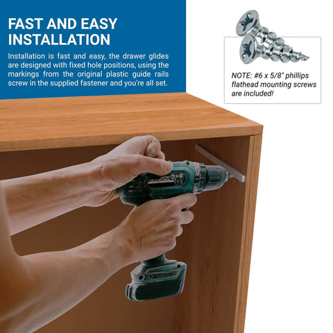 Person using a drill to install 5 Pairs Hard-Hitting Hella Smooth Plastic Drawer Rails Side Mount Screw-On 11-Inch White.