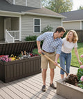 Heavy Duty 80 Gallon Outdoor Storage Box Top Shelf Resin Deck Crate with gardening tools and flowers in a backyard setting.