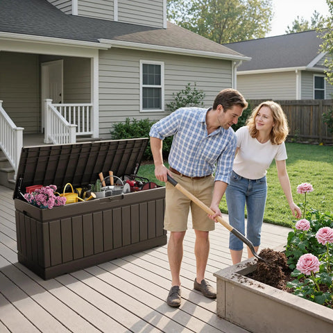 Heavy Duty 80 Gallon Outdoor Storage Box Top Shelf Resin Deck Crate with gardening tools and flowers in a backyard setting.