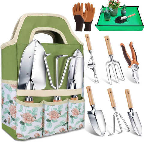 9 Piece Garden Tools Set For Women With Rust Proof Stainless Steel Spades Transplanter Cultivators Pruner Hand Rake Weeder Gloves All In One Tool Bag Complete Gardening Kit For Daily Yard Work displayed with tool bag and gloves