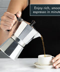 Woman pouring espresso from Stovetop Moka Pot Espresso Maker For Home Brew 6 Cup Greca Style Coffee Pot into cup