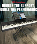 Two Tier Portable DJ Table Stand for Laptops, MIDI Controllers, Tablets and Sheet Music showcasing stage-ready setup.