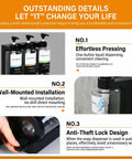Three Chamber Shower Dispenser Set With No Drill Wall Mount Self Adhesive For Renters, features include easy install and anti-theft lock.