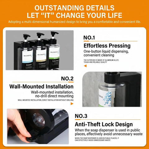Three Chamber Shower Dispenser Set With No Drill Wall Mount Self Adhesive For Renters, features include easy install and anti-theft lock.