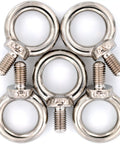 Overhead view of 5 Beefy Industrial Grade M8 Stainless Steel Lifting Eyebolts arranged in a circle, highlighting 304 stainless steel material.