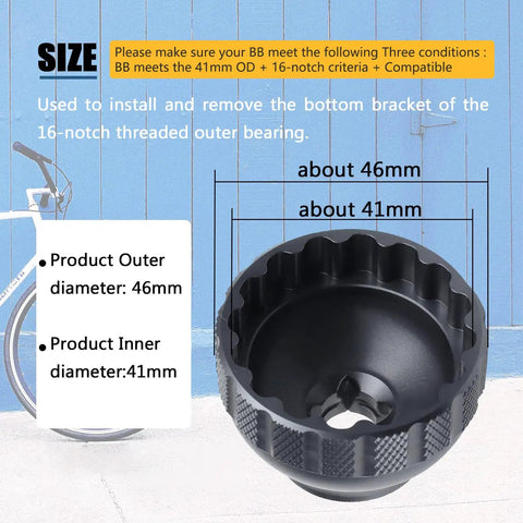 16-Notch Bottom Bracket Tool Black For 41mm OD Threaded BB with size dimensions overlay, CNC Aluminum, cycling tools.