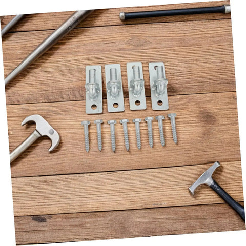 Rock Solid Wall Mount Gate Hinges For Barn Doors And Fence Posts Rust Proof Outdoor Hardware with screws and tools on wooden surface.