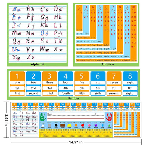 Self Adhesive Classroom Nameplates With Alphabet Chart, Numbers And Addition Chart, Shapes And Colors, Ruler, Left And Right Hand Labels, Desk Tags For First And Second Grade, Kid Friendly Desk Decor And Student Tools.