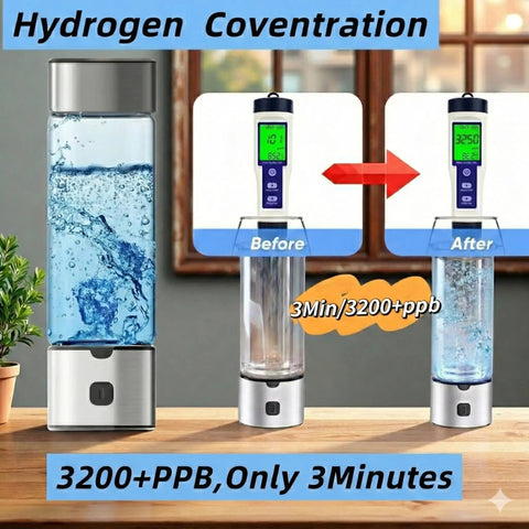 Portable 460ml Hydrogen Water Bottle Generator With Advanced SPE PEM Tech Rechargeable Ionizer For Home Office And Travel Up To 3200 Plus PPB High Concentration On The Go showcasing hydrogen concentration levels before and after ionization.