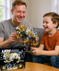 Father and son building Golden Mechanical Lion Building Block Kit With Movable Limbs And Exposed Gears Futuristic Beast Model