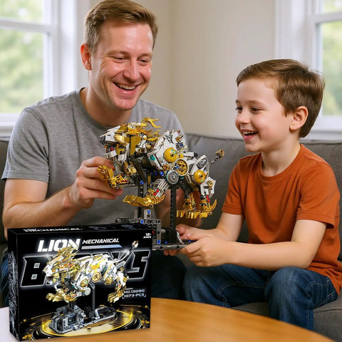 Father and son building Golden Mechanical Lion Building Block Kit With Movable Limbs And Exposed Gears Futuristic Beast Model