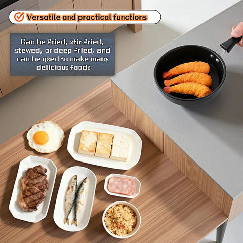 4.7 Inch Mini Frying Pan Nonstick For One Egg Breakfast with shrimp on stove next to assorted dishes on a counter