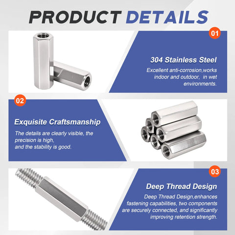 Top Shelf 304 Stainless Steel Metric Hex Coupling Nuts M6 X 1.0 Thread Pitch With Bulletproof Rust Resistance And Heavy Hitter Grip For Auto Repair And Outdoor Gear Assembly Pack Of Eight displayed in detailed product images.