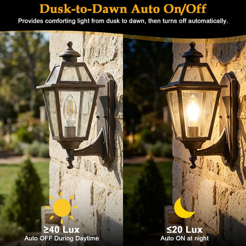 Outdoor lantern showcasing E12 Outdoor Dusk To Dawn Light Bulbs C35 B11 5W 60W Equivalent 500LM 2700K Soft White Photocell Sensor Auto On Off