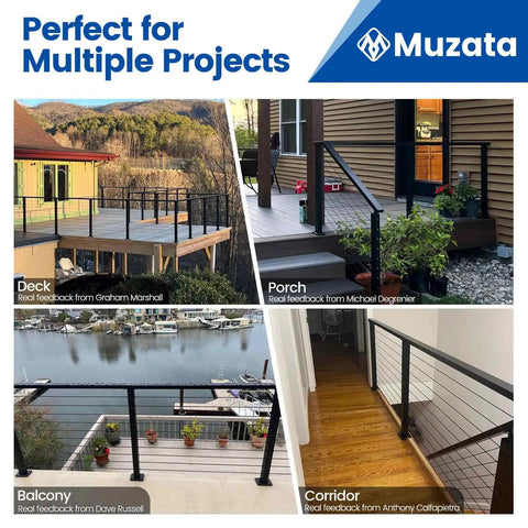 Knockout Modular Cable Railing Kit With Stainless Steel Wires And Smooth Finish Handrail 36 Inch System displayed on deck, porch, balcony, and corridor.