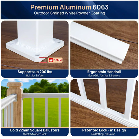 Solid White Aluminum Railing Posts For Outdoor Decks And Patios, Set Of Two, 2.56 X 2.56 X 39 Inches, showcasing sturdy design and ergonomic features.