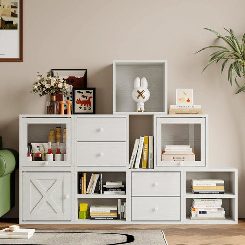 Stackable Cube Storage Organizer For Home And Office DIY Modular Shelving Cubes For Books Clothes Toys And Decor Built With Sturdy 18mm Panels Hidden Bolts Anti Tip Kit Mortise And Tenon Joints Free Stacking Design In White Washed Finish with books and decor on display