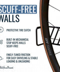 Bike rack tire catch feature for scuff-free walls by StoreYourBoard, highlighting protective tire catch and friction mechanism.