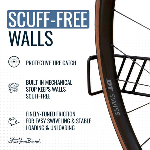 Bike rack tire catch feature for scuff-free walls by StoreYourBoard, highlighting protective tire catch and friction mechanism.