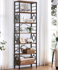 Sturdy 84 Inch Tall Industrial Bookshelf With Rustic Brown Metal Frame And Seven Open Shelves For Cozy Living Room And Bedroom displaying decor and storage items.
